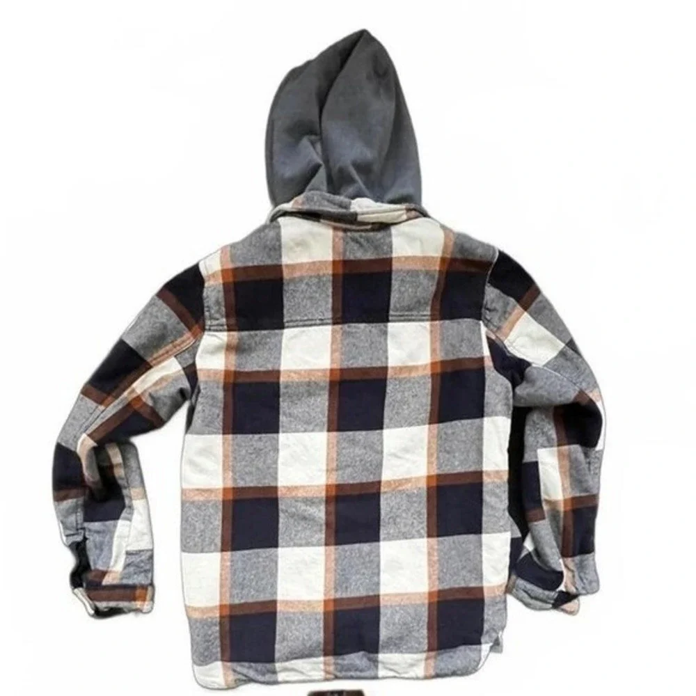 Levi Strauss & Co Hooded Flannel Jacket‎ Plaid Sherpa Lined Navy Orange Small